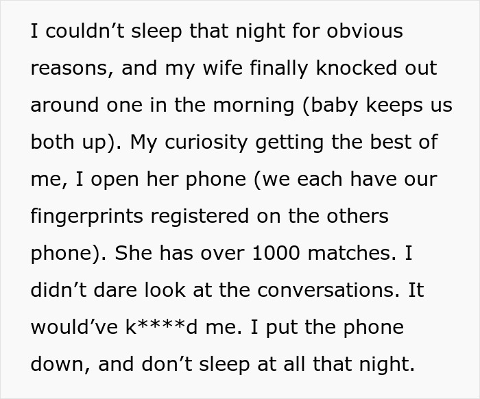 Text describing discovery of wife having over 1000 Tinder matches Text describing discovery of wife having over 1000 Tinder matches