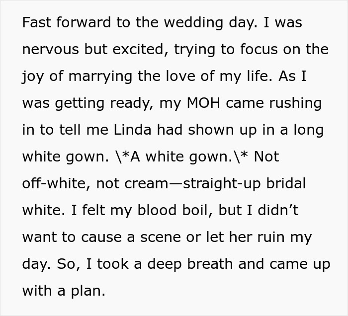 Screenshot of text describing the MIL showing up to the son's wedding in a white gown.