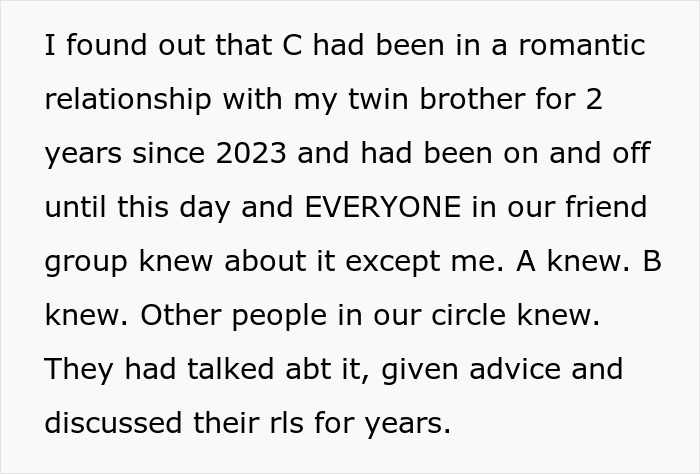 Woman Finds Out Friends Hid A Secret About Her Twin Brother, Realizes She Was The Only One Left Out