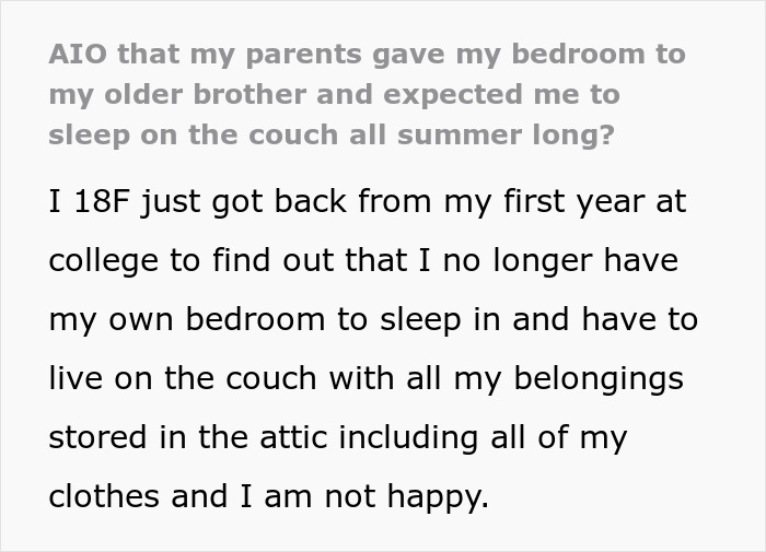 Screenshot of text about parents turning hostile, expecting their 18YO daughter to give her room to a jobless brother. Screenshot of text about parents turning hostile, expecting their 18YO daughter to give her room to a jobless brother.