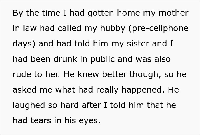Text snippet detailing the aftermath of MIL's attempt to humiliate DIL and sister publicly. Text snippet detailing the aftermath of MIL's attempt to humiliate DIL and sister publicly.