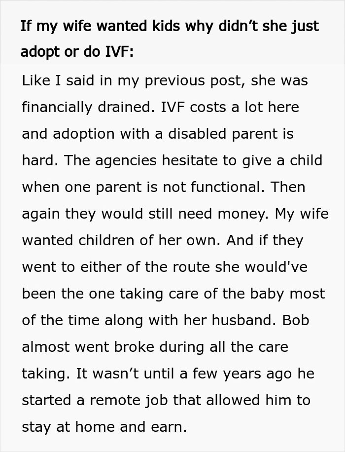 Text explaining why the ex-wife couldn't adopt or do IVF due to financial strain after her husband's accident.