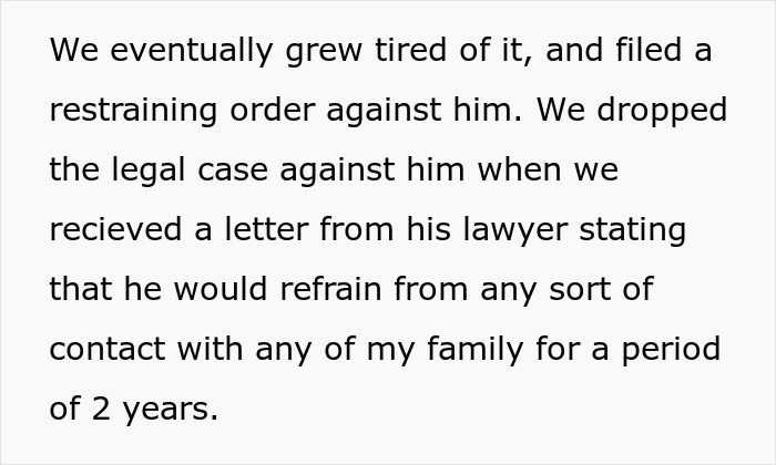 Text snippet detailing a restraining order against a neighbor for petty acts. Revenge plot involving beetles and rose garden.