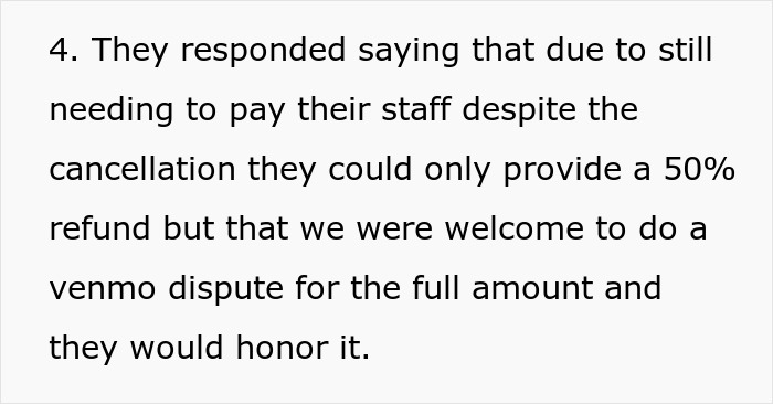 Coordinator cancels wedding and offers only a 50 percent refund due to staff payments