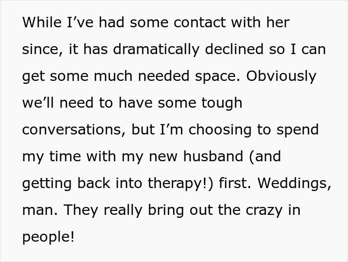Text about reduced contact with mom after wedding for space and therapy Text about reduced contact with mom after wedding for space and therapy