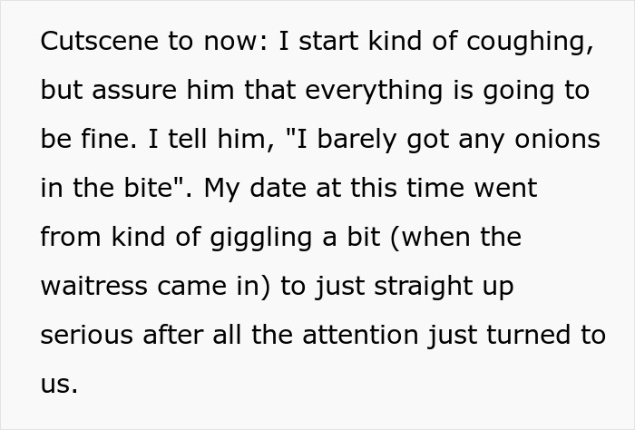 Text describing the ongoing lie about the food allergy situation in the restaurant, avoiding an emergency room.