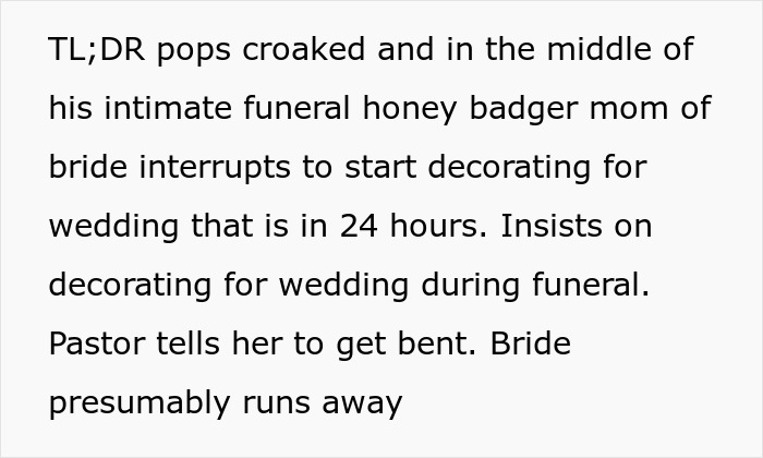 Text excerpt about woman crashing memorial service to decorate for wedding Text excerpt about woman crashing memorial service to decorate for wedding
