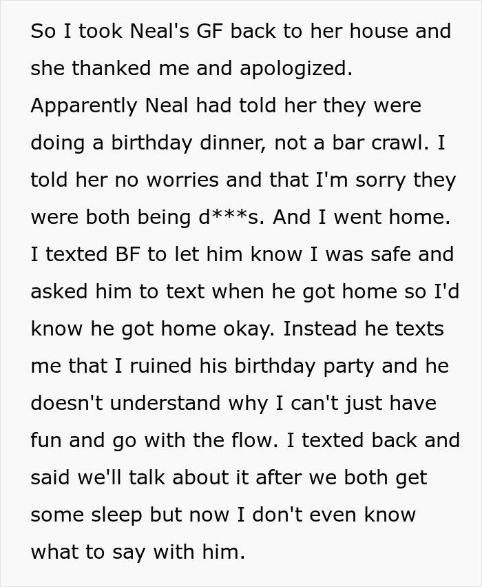 Introverted GF taken home from bar crawl. Boyfriend upset, saying she ruined his birthday party. Introverted GF taken home from bar crawl. Boyfriend upset, saying she ruined his birthday party.