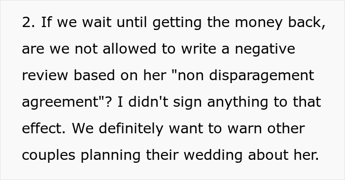 Text discussing non disparagement agreement and writing negative review about wedding coordinator