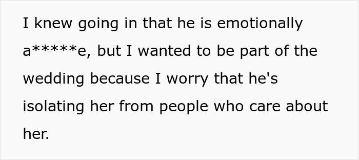 Text about emotional a***e and worry for the bride at her wedding.