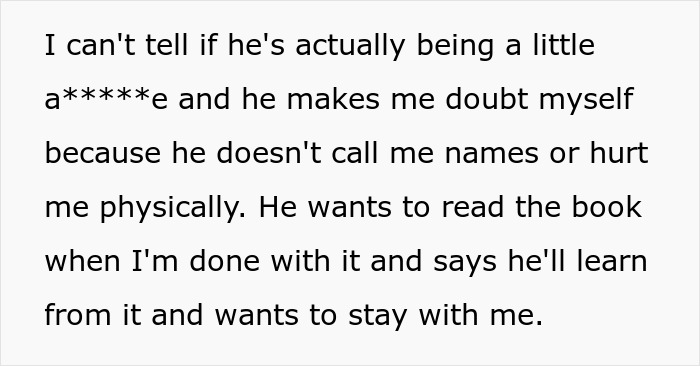 A screenshot of text discussing a toxic guy's actions that make his girlfriend doubt herself, showing his jealousy.