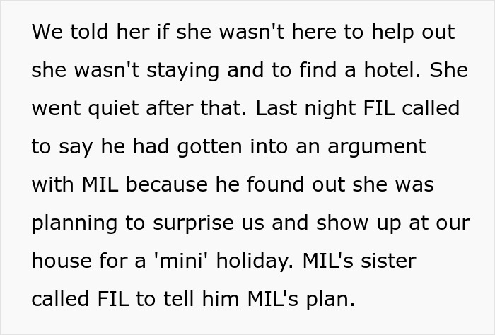 Text explaining how MIL planned to surprise the pregnant woman with a mini holiday, refusing to leave despite contractions.