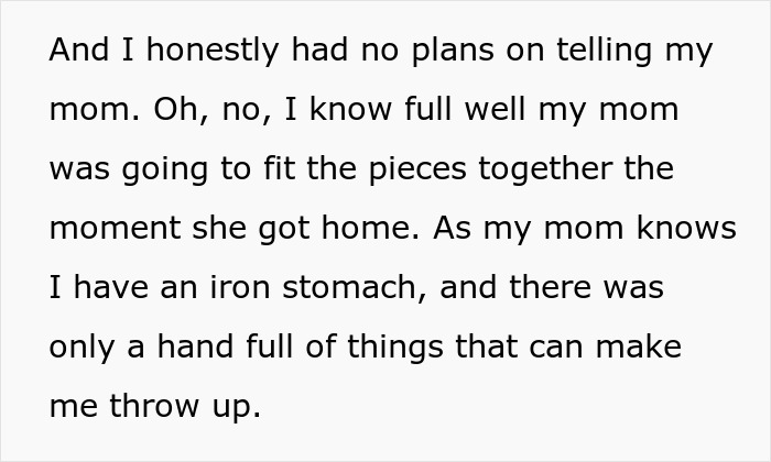A parent discusses their child's food issue, hoping their mom won't connect the dots after a food issue incident.