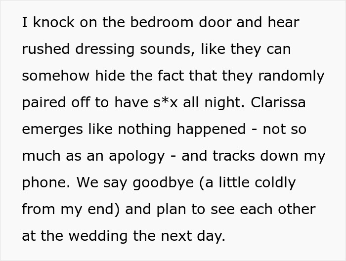 A woman recounts hearing rushed dressing sounds as a selfish friend emerges, having slept with her blind date. A woman recounts hearing rushed dressing sounds as a selfish friend emerges, having slept with her blind date.