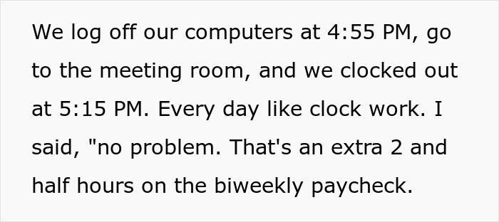 Screenshot of text describing how a new hire logged time for meetings, pushing back on management's illegal shenanigans.