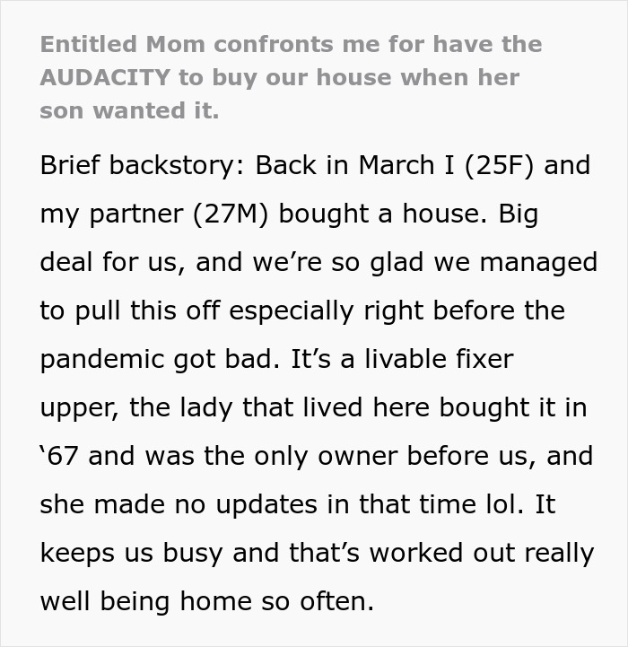 Text about an entitled mom confronting a homeowner, saying her son deserves their home more. Text about an entitled mom confronting a homeowner, saying her son deserves their home more.
