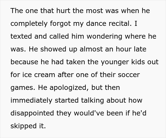 A daughter is hurt because her dad forgot her dance recital, prioritizing stepkids for ice cream instead, showing her being replaced. A daughter is hurt because her dad forgot her dance recital, prioritizing stepkids for ice cream instead, showing her being replaced.