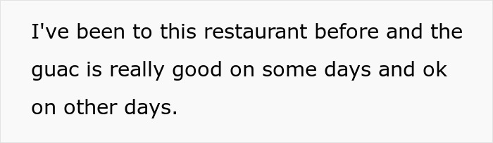 Screenshot of a Reddit post mentioning the varying quality of guacamole at a restaurant.