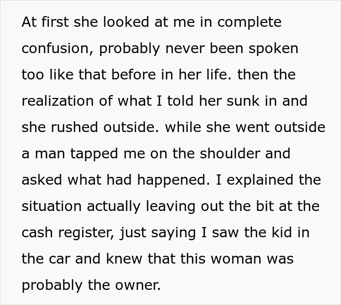 Text describing a shopper's confusion and realization after being confronted about a parenting fail. Text describing a shopper's confusion and realization after being confronted about a parenting fail.