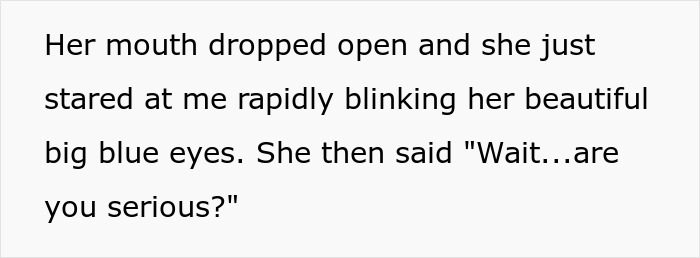 A screenshot of text depicting the picky eater girlfriend's surprised reaction to the breakup news. A screenshot of text depicting the picky eater girlfriend's surprised reaction to the breakup news.