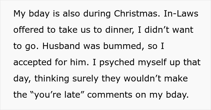 Text explaining birthday during Christmas and in-laws offering dinner despite snide comments Text explaining birthday during Christmas and in-laws offering dinner despite snide comments
