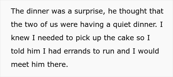 Text describing the husband's surprise birthday dinner and cake pickup plan