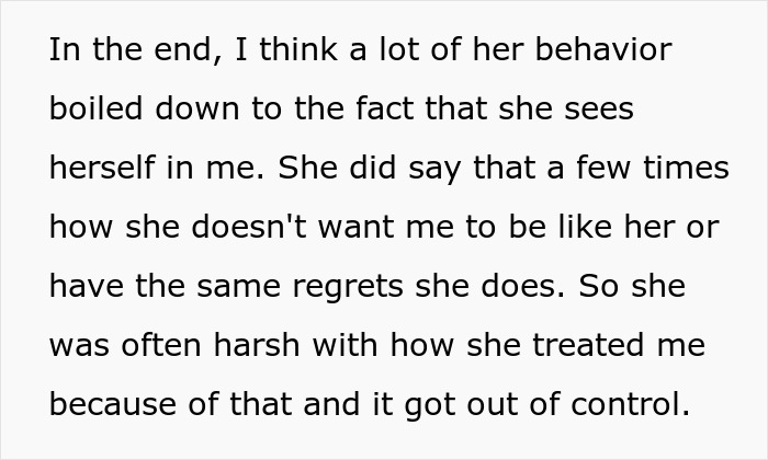 Text describing a religious mom's harsh behavior toward her teen, linked to snooping and personal regrets.
