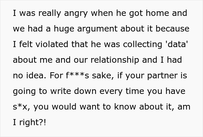 Text describing anger over partner collecting data about relationship without consent Text describing anger over partner collecting data about relationship without consent