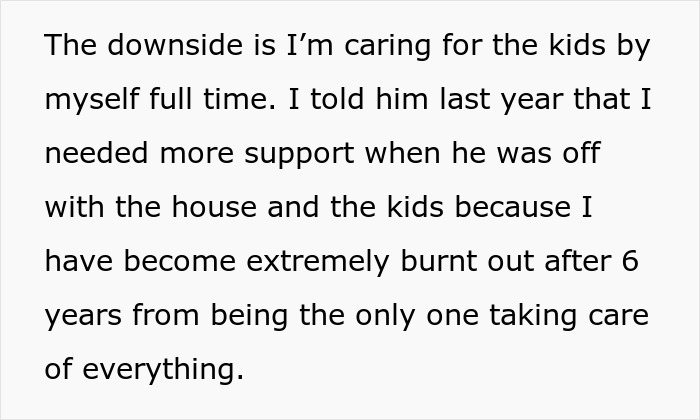 Text detailing wife's burnout from full-time childcare and lack of support