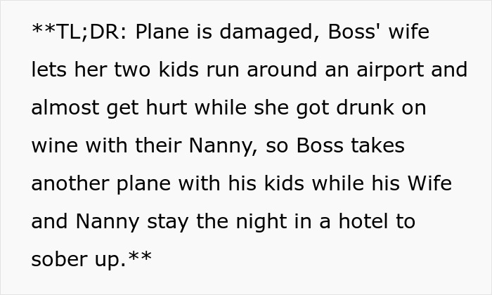 Text summary of plane damage and boss's wife getting drunk with nanny at airport Text summary of plane damage and boss's wife getting drunk with nanny at airport