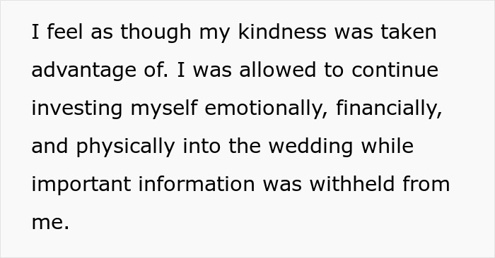 MOH feels taken advantage of after emotional wedding investment