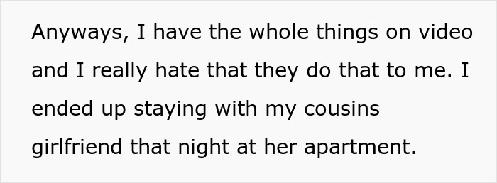 A woman records the incident after being told to leave home for refusing one rule, ending up staying with her cousin's girlfriend.