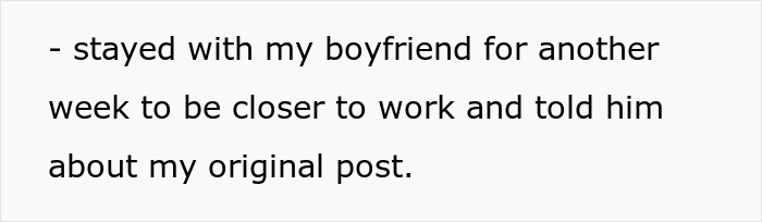 Text update describing a woman staying with her boyfriend after she was told to leave home for refusing a rule.