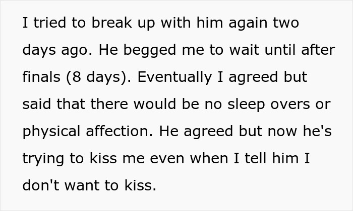 A screenshot of text detailing how a toxic guy violates agreement after a breakup attempt due to his jealousy.