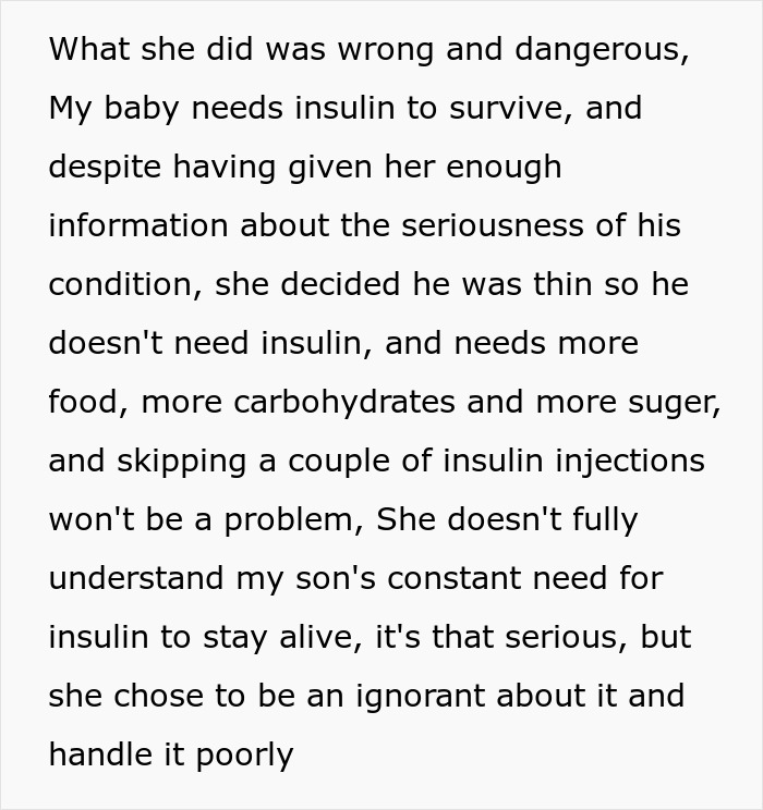 Text explaining an entitled MIL's dangerous decision to give grandson carbs instead of insulin.