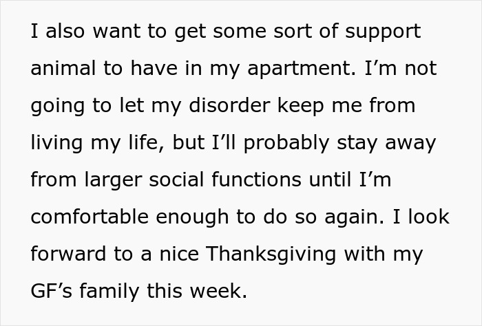 Text about wanting a support animal and avoiding social functions Text about wanting a support animal and avoiding social functions
