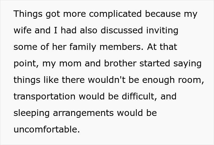 Family vacation plans complicated by parents concerns about inviting wife's family, citing space and transportation issues. Family vacation plans complicated by parents concerns about inviting wife's family, citing space and transportation issues.