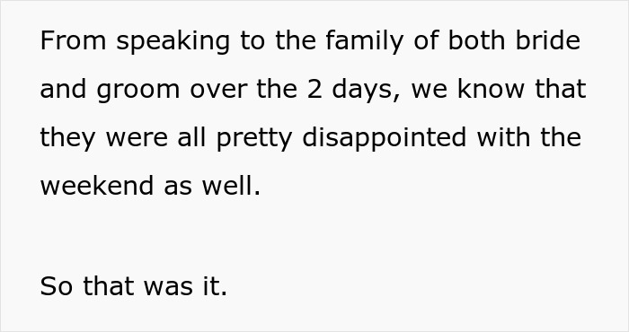 Text excerpt mentioning family disappointment with the wedding weekend Text excerpt mentioning family disappointment with the wedding weekend