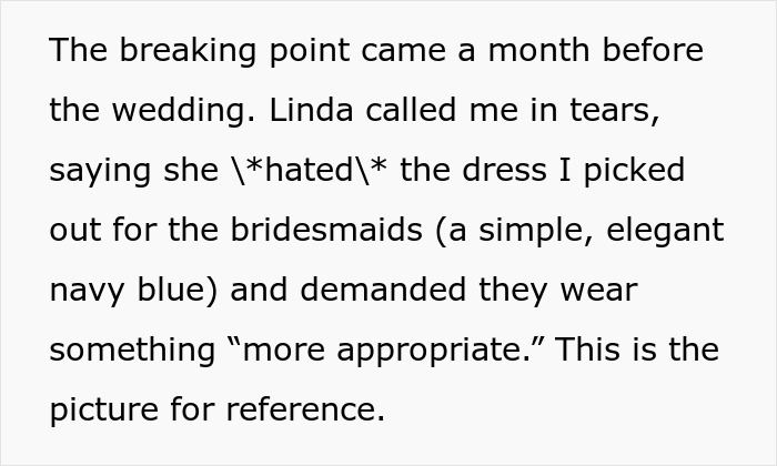 Screenshot of text about MIL crying over bridesmaid dresses a month before the wedding.