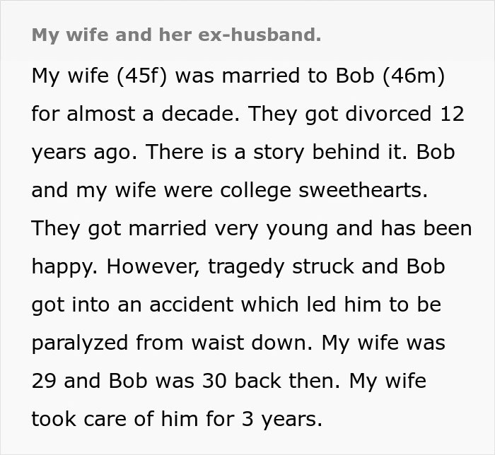 Text explaining a husband's accident led to his paralysis, ending his marriage.