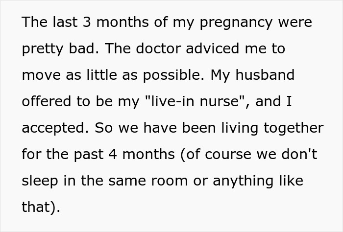 Text describing the pregnant woman's difficult last three months of pregnancy and husband acting as a nurse. Text describing the pregnant woman's difficult last three months of pregnancy and husband acting as a nurse.