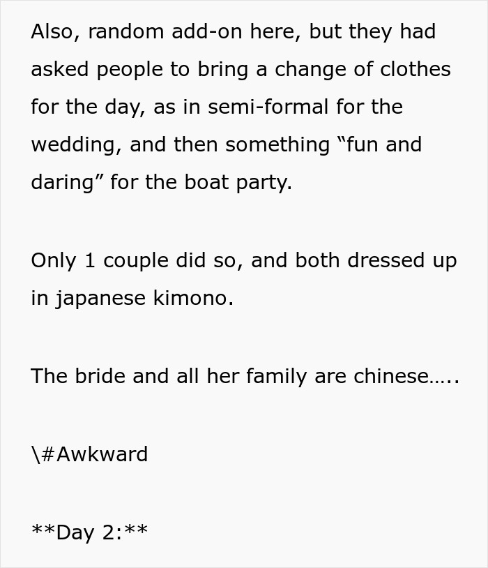 Guest sharing details about dress code request for unique wedding boat party Guest sharing details about dress code request for unique wedding boat party