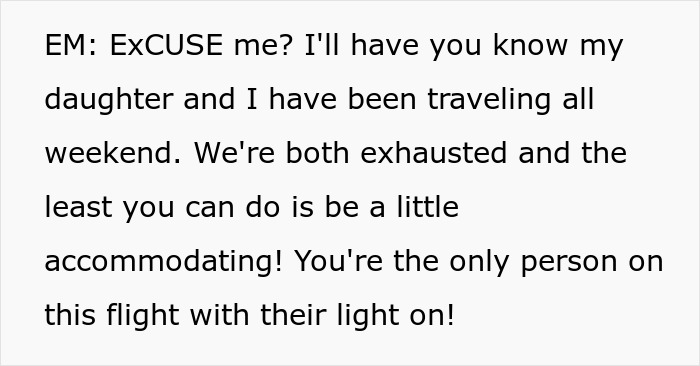 Flight passenger defends light use amid exhaustion claim Flight passenger defends light use amid exhaustion claim