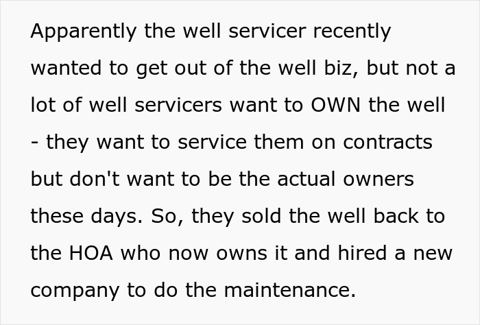 Text detailing well ownership transfer from servicer to HOA affecting water access Text detailing well ownership transfer from servicer to HOA affecting water access