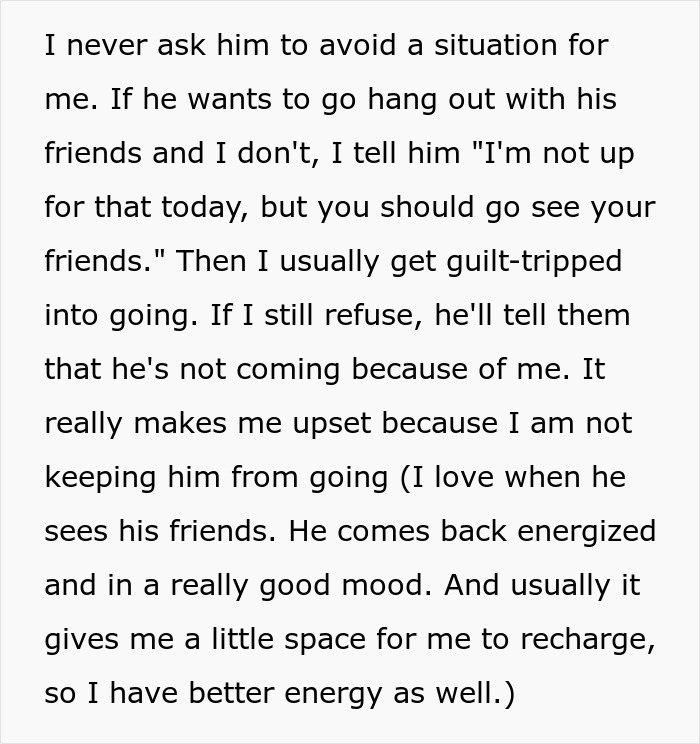 Screenshot of text detailing how an introverted girlfriend is guilt-tripped into attending her boyfriend's birthday bar crawl. Screenshot of text detailing how an introverted girlfriend is guilt-tripped into attending her boyfriend's birthday bar crawl.