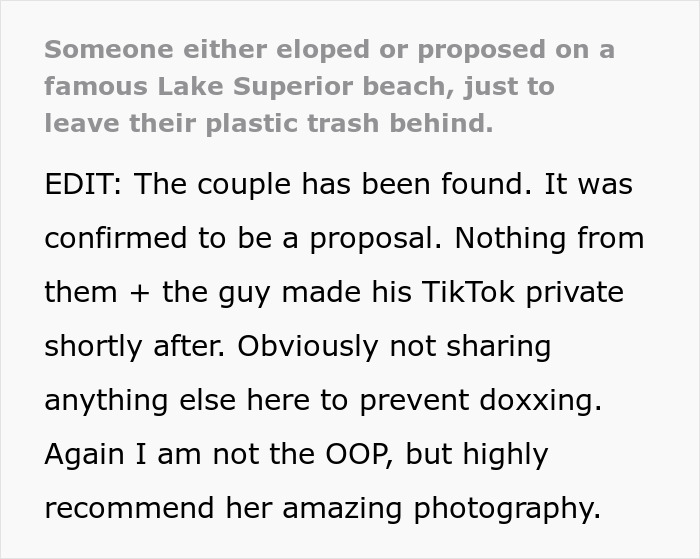 Text update confirming couple's beach proposal and photographer praise