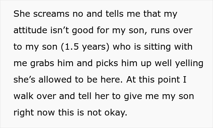 Text describing a grandma clinging to a toddler during a family vacation fight. Text describing a grandma clinging to a toddler during a family vacation fight.