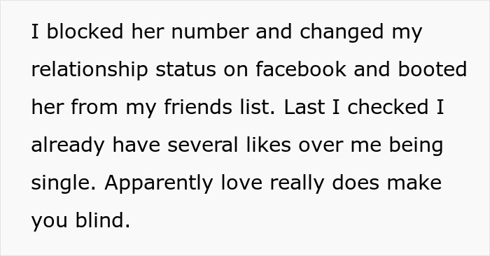 Text detailing blocking a picky eater girlfriend's number and changing relationship status to single. Text detailing blocking a picky eater girlfriend's number and changing relationship status to single.