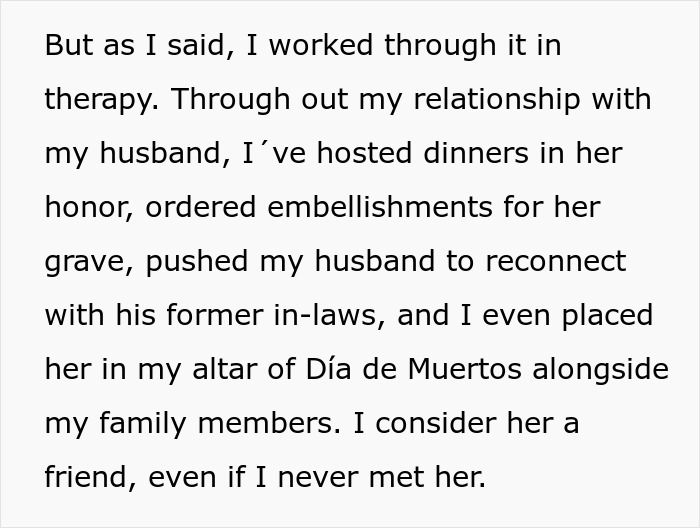 A screenshot of text from the pregnant woman explaining how she has worked through therapy and honored her husband's late ex, even considering her a friend. A screenshot of text from the pregnant woman explaining how she has worked through therapy and honored her husband's late ex, even considering her a friend.