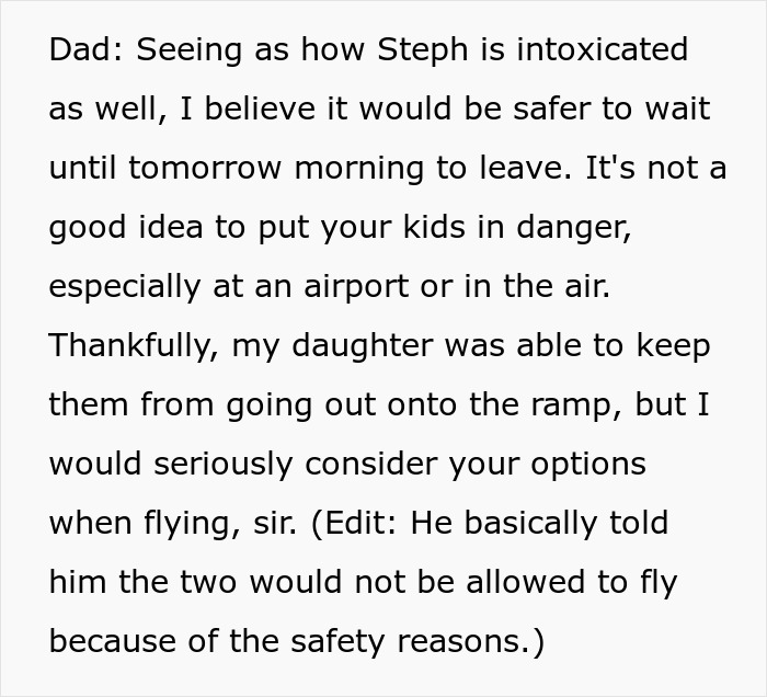 Dad advises waiting to fly due to intoxicated passengers and stresses safety Dad advises waiting to fly due to intoxicated passengers and stresses safety